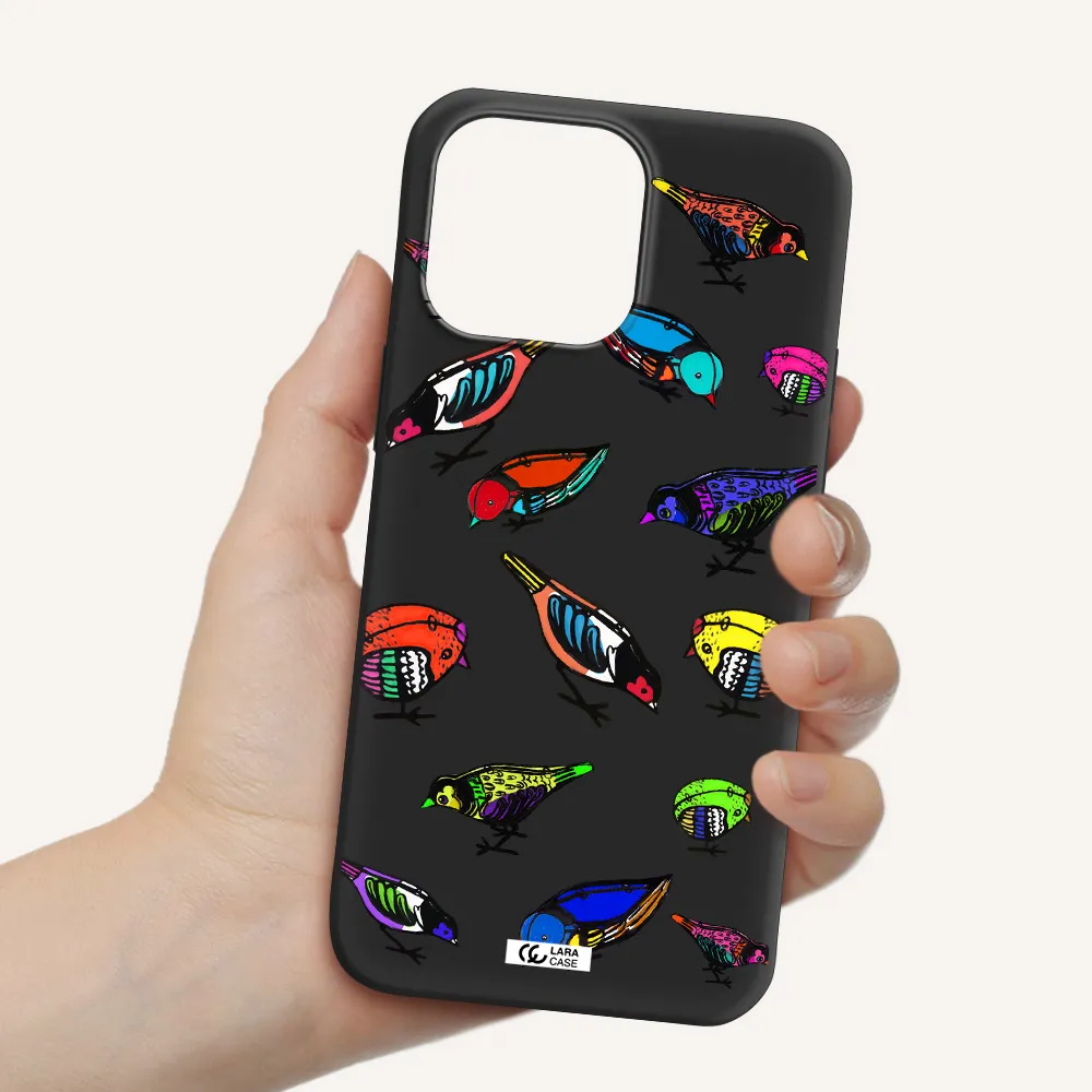 Colorful Birds Drawing Apple iPhone 14 pro max Silicone black Case