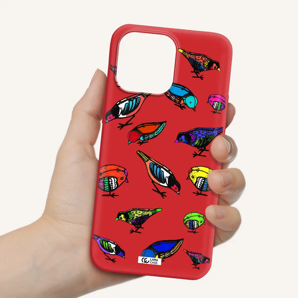 Colorful Birds Drawing Apple iPhone 14 pro max Silicone Imperial Red Case