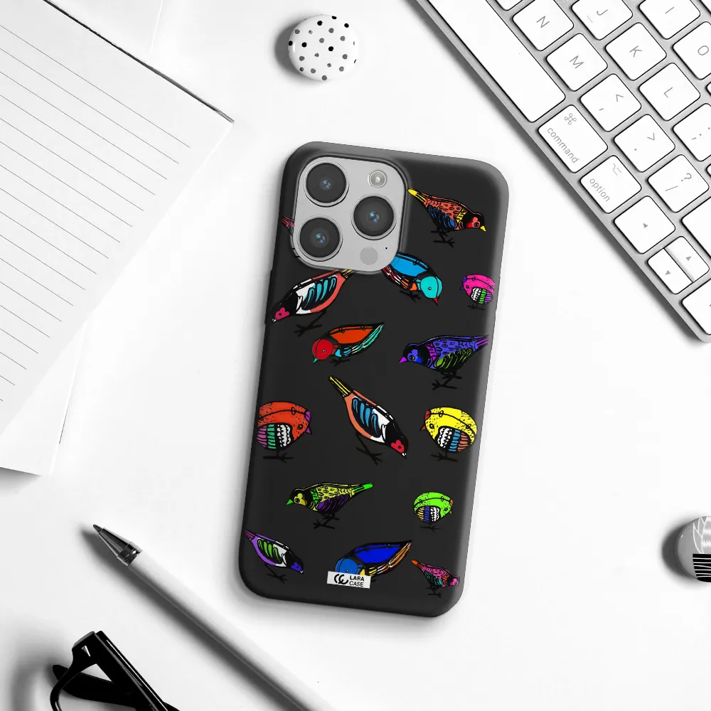 Colorful Birds Drawing Apple iPhone 14 pro Silicone black Case