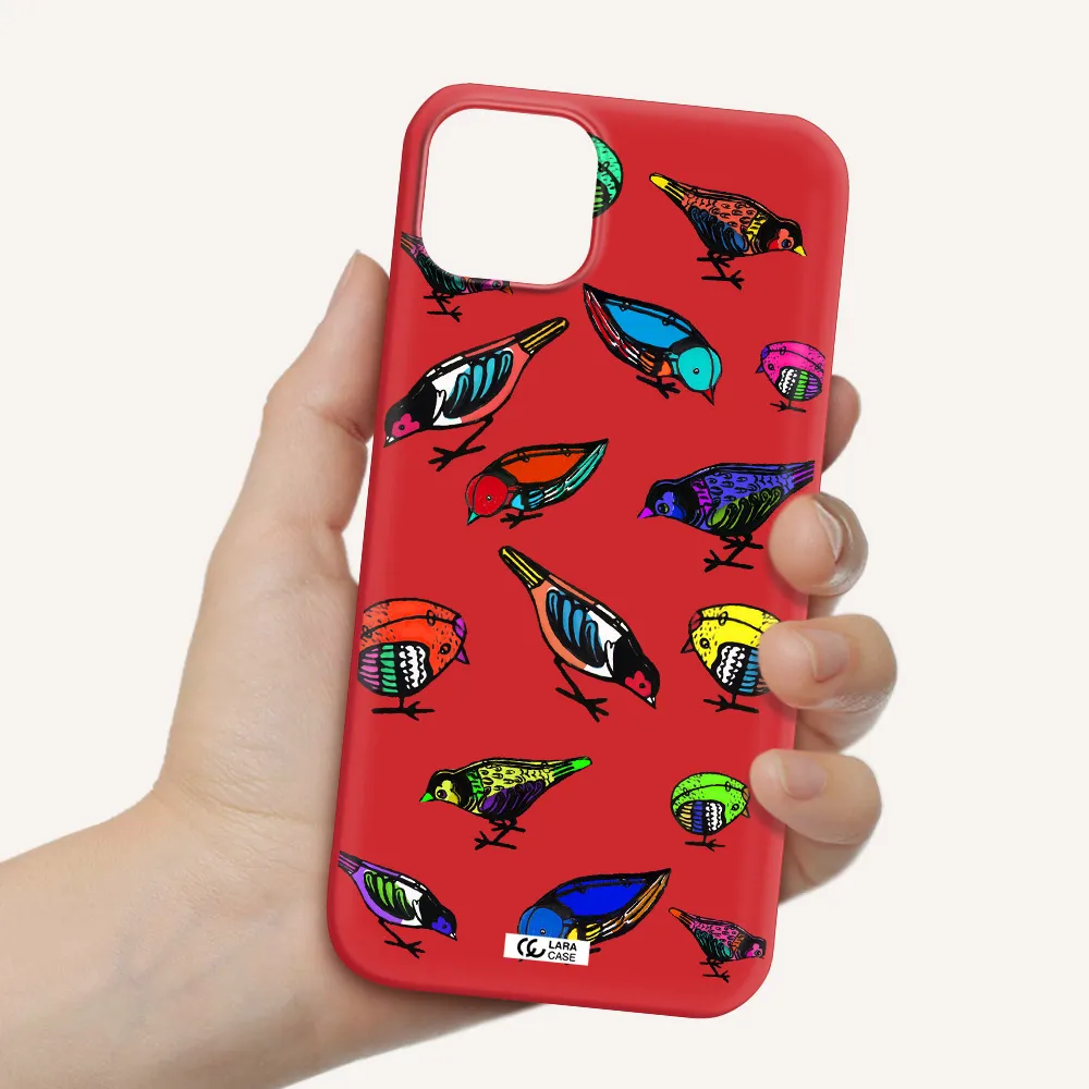 Colorful Birds Drawing Apple iPhone 14 Silicone Imperial Red Case