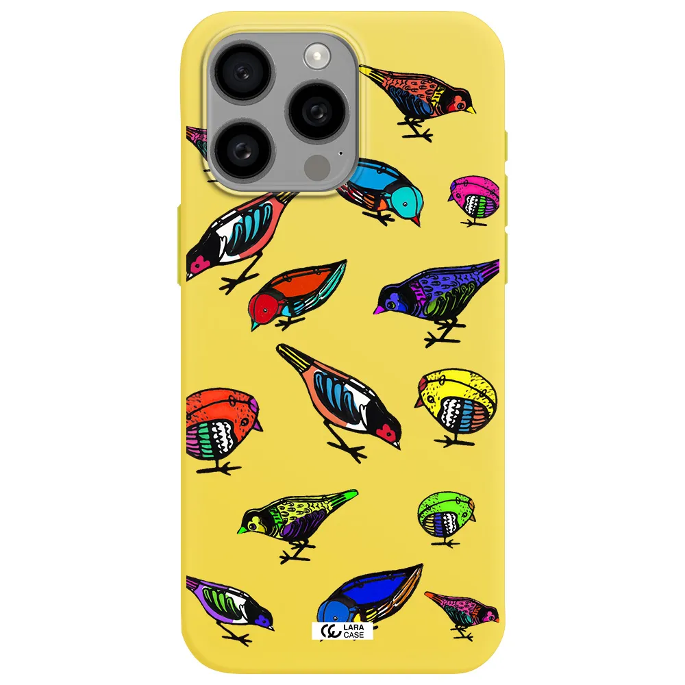 Colorful Birds Drawing Apple Iphone 15 Pro max Silicone canary yellow Case