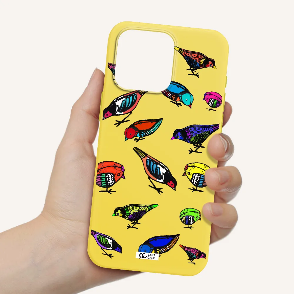 Colorful Birds Drawing Apple Iphone 15 Pro max Silicone canary yellow Case
