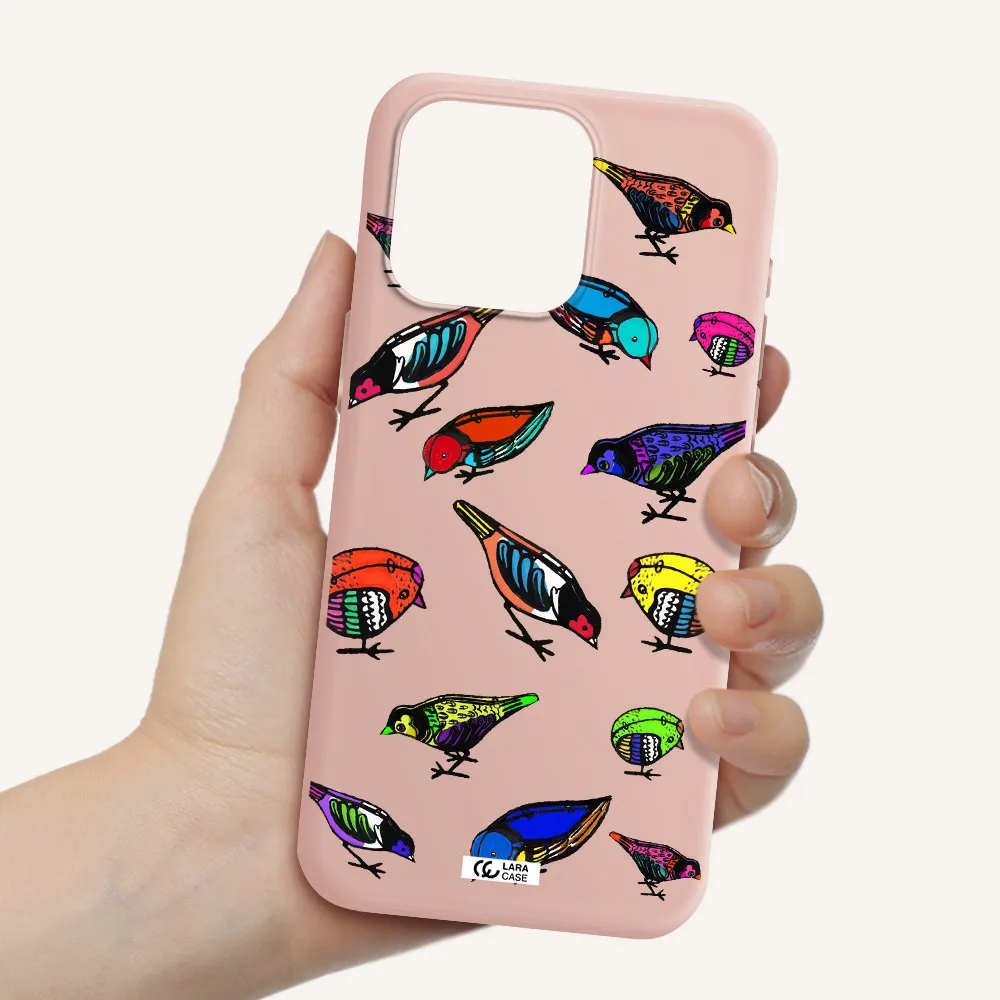 Colorful Birds Drawing Apple Iphone 15 Pro max Silicone pastel pink Case