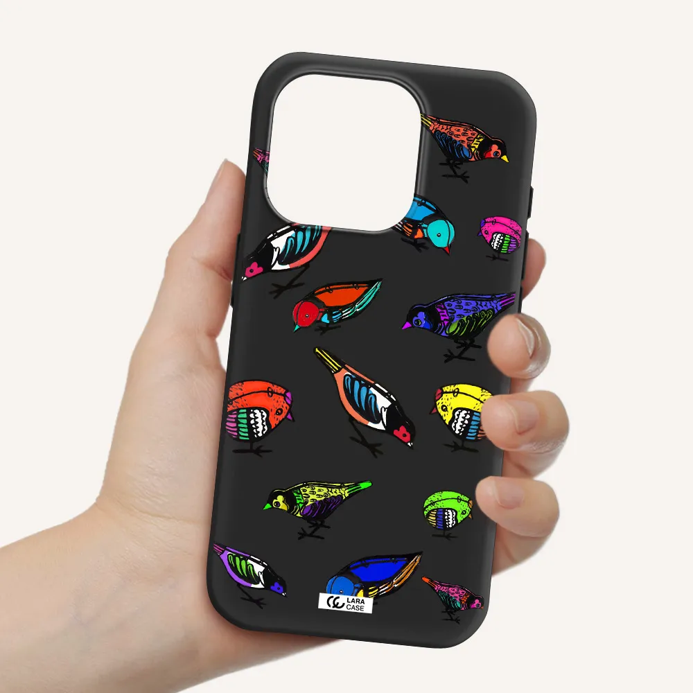 Colorful Birds Drawing Apple Iphone 15 Pro Silicone Black Case