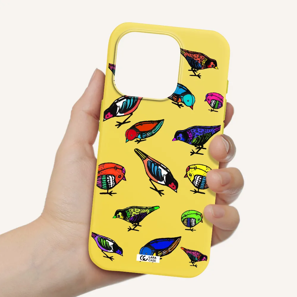 Colorful Birds Drawing Apple Iphone 15 Pro Silicone Canary Yellow Case