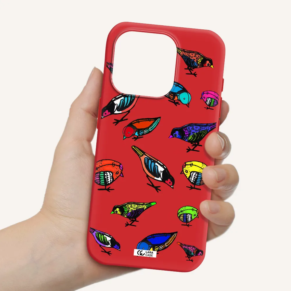 Colorful Birds Drawing Apple Iphone 15 Pro Silicone Imperial Red Case