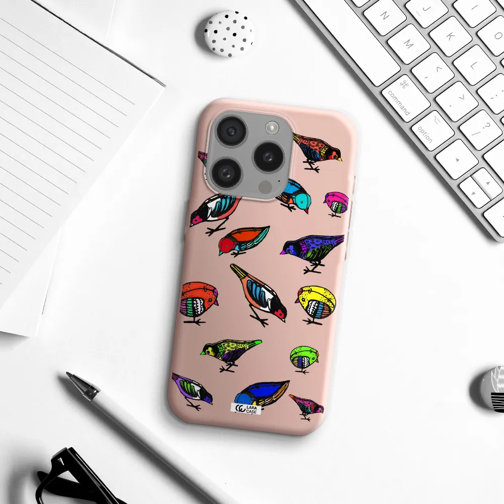 Colorful Birds Drawing Apple Iphone 15 Pro Silicone Pastel Pink Case