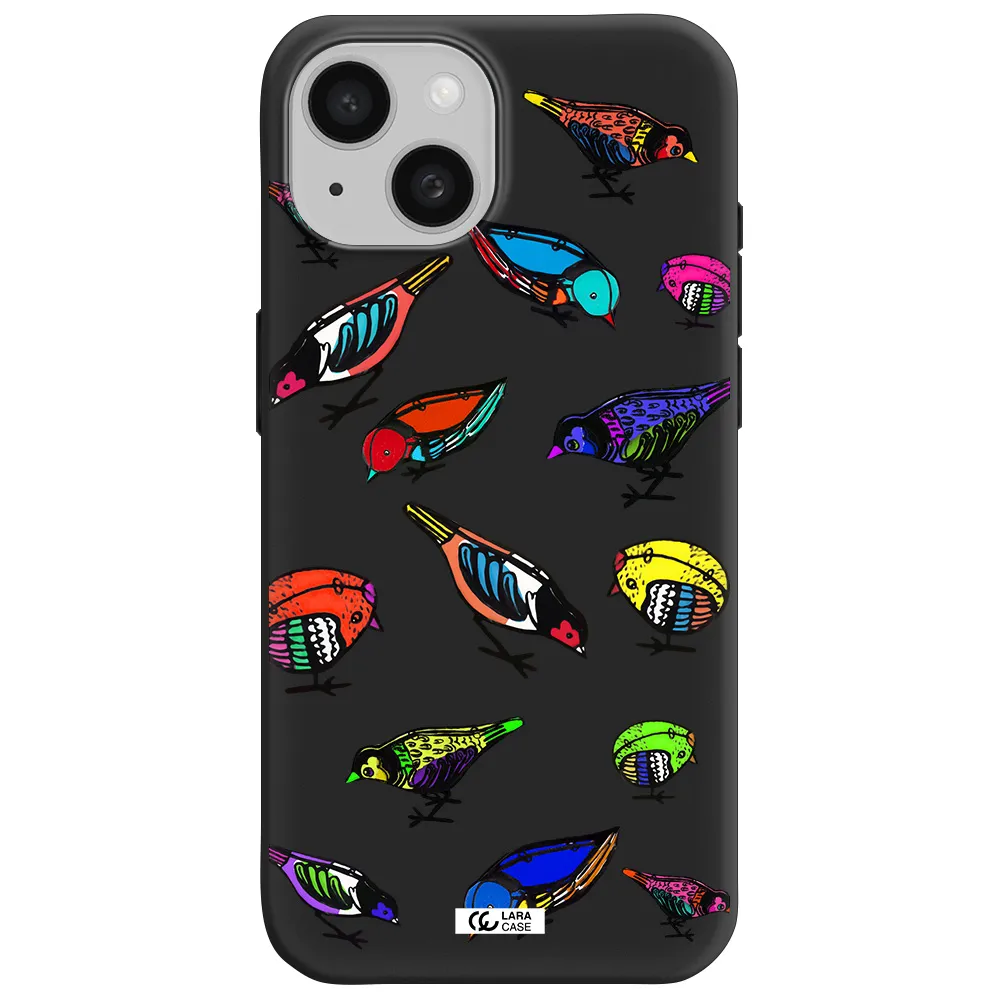 Colorful Birds Drawing Apple iPhone 15 Silicone black Case