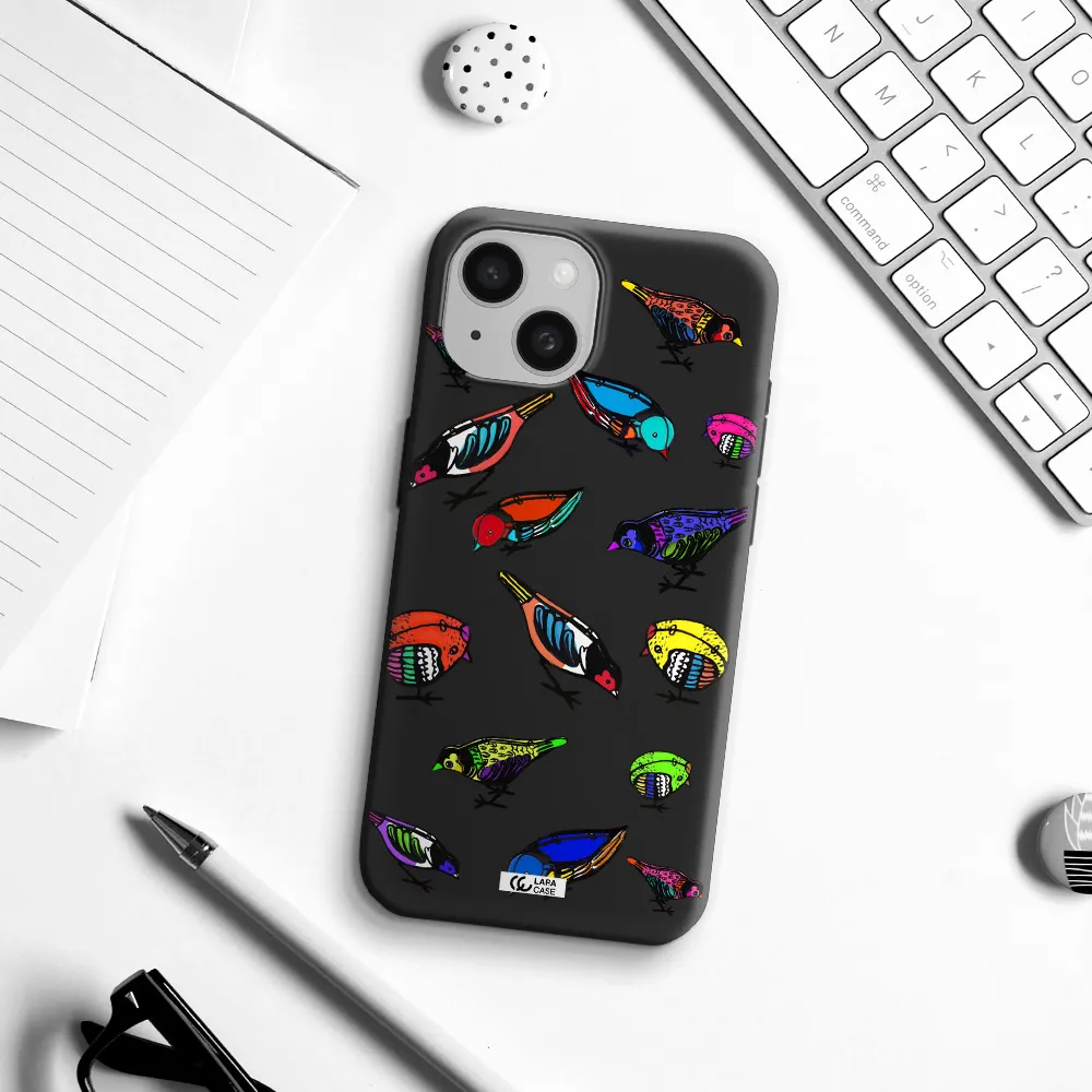 Colorful Birds Drawing Apple iPhone 15 Silicone black Case