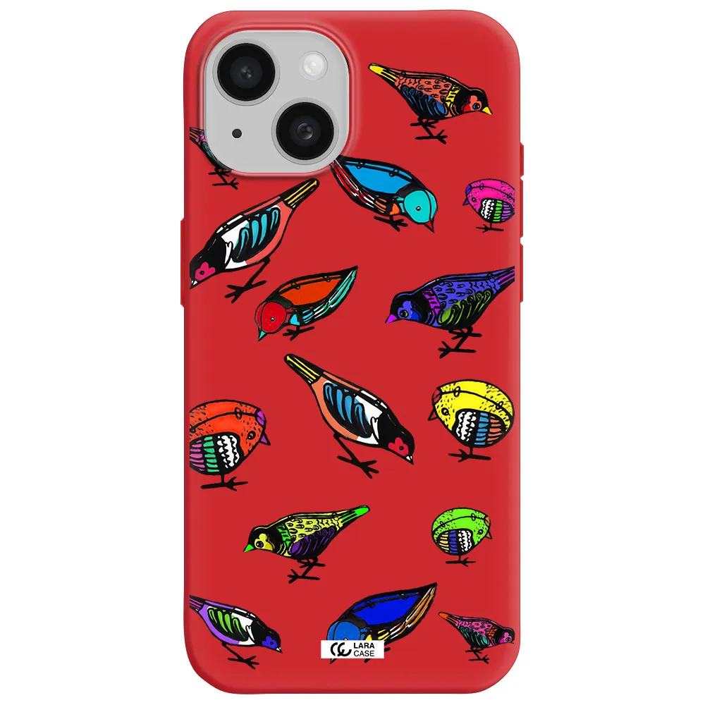 Colorful Birds Drawing Apple Iphone 15 Silicone Imperial Red Case