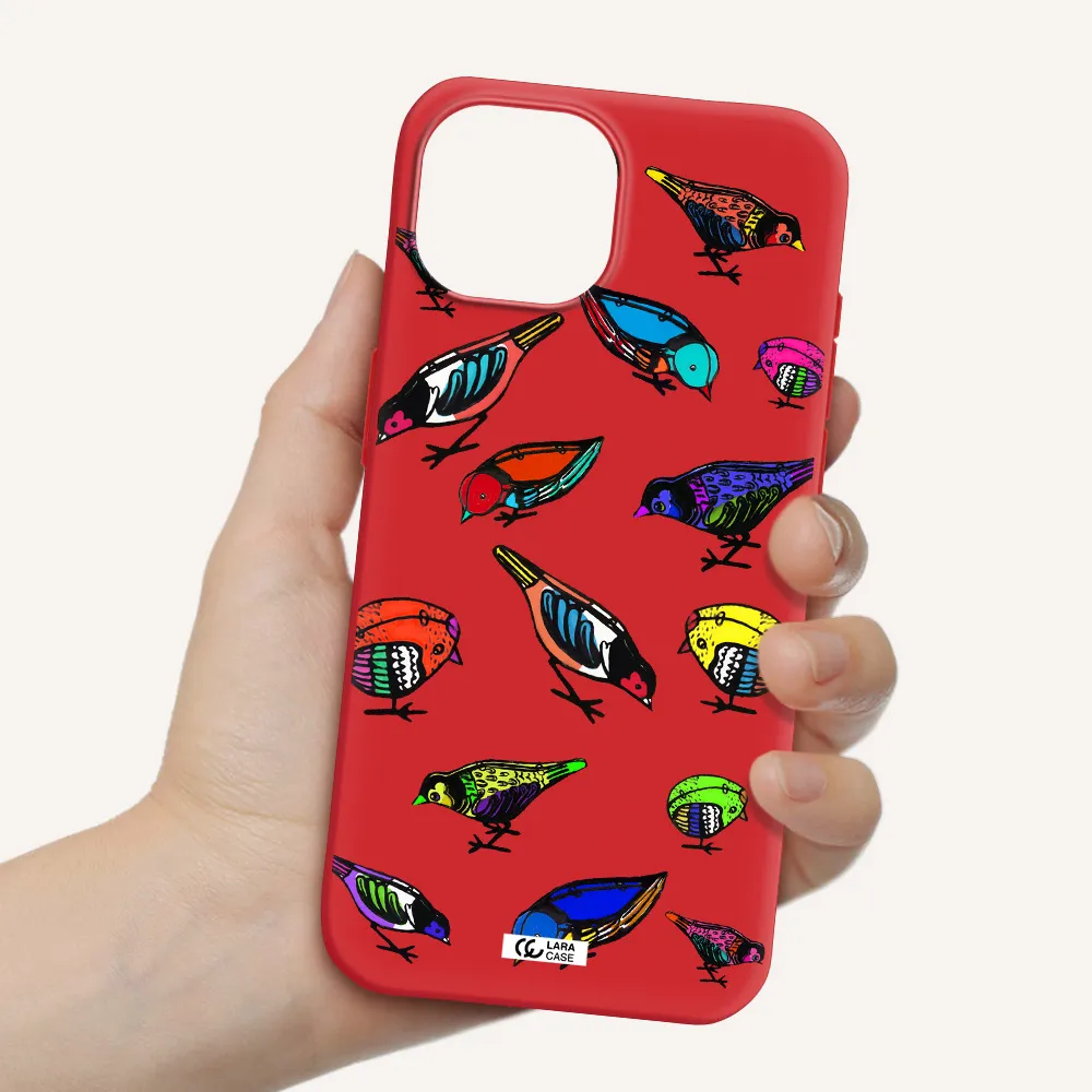 Colorful Birds Drawing Apple Iphone 15 Silicone Imperial Red Case