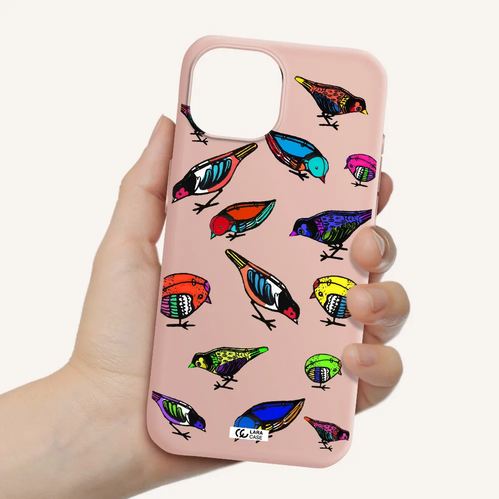 Colorful Birds Drawing Apple Iphone 15 Silicone Pastel Pink Case