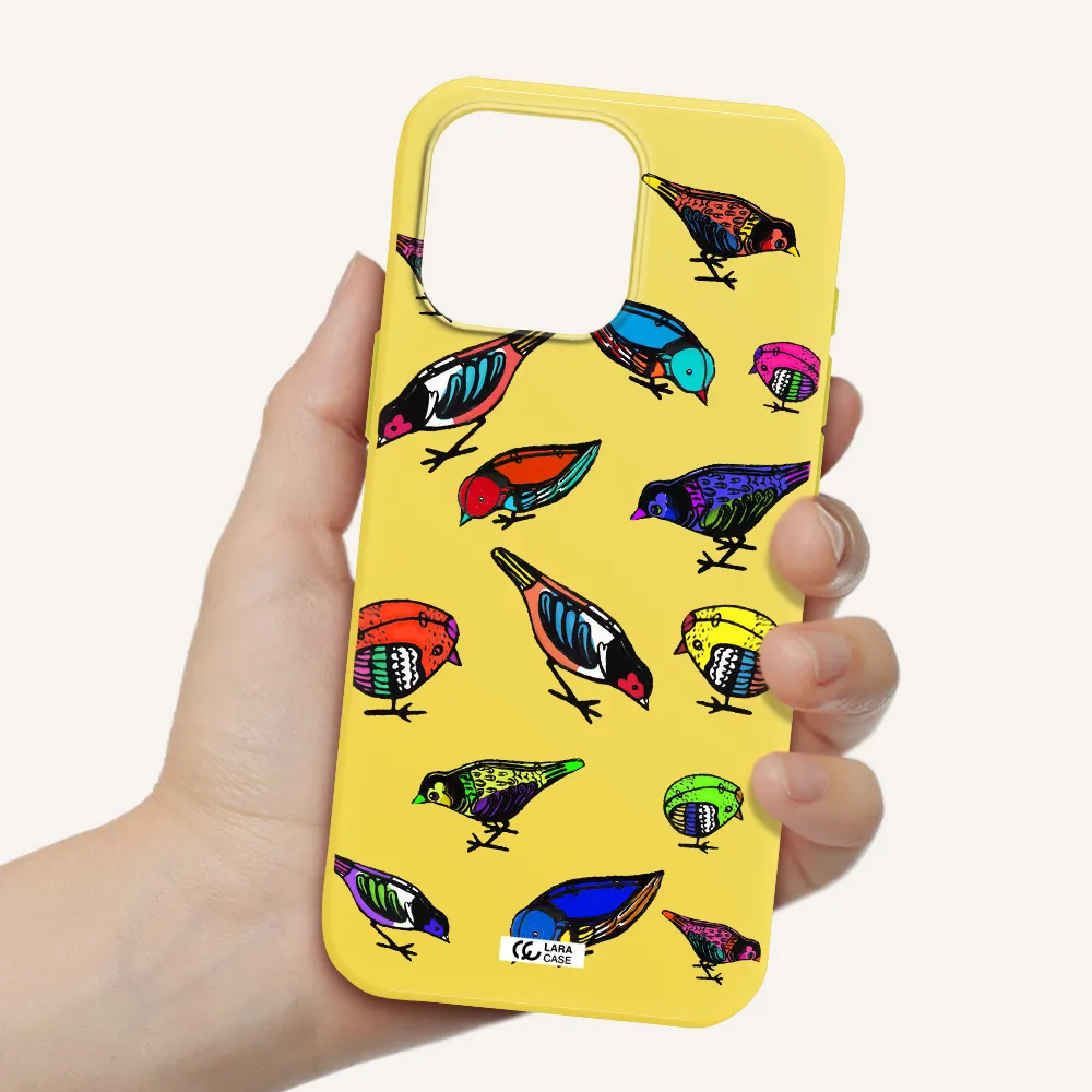 Colorful Birds Drawing Apple Iphone 16 Pro Max Silicone Canary Yellow Case