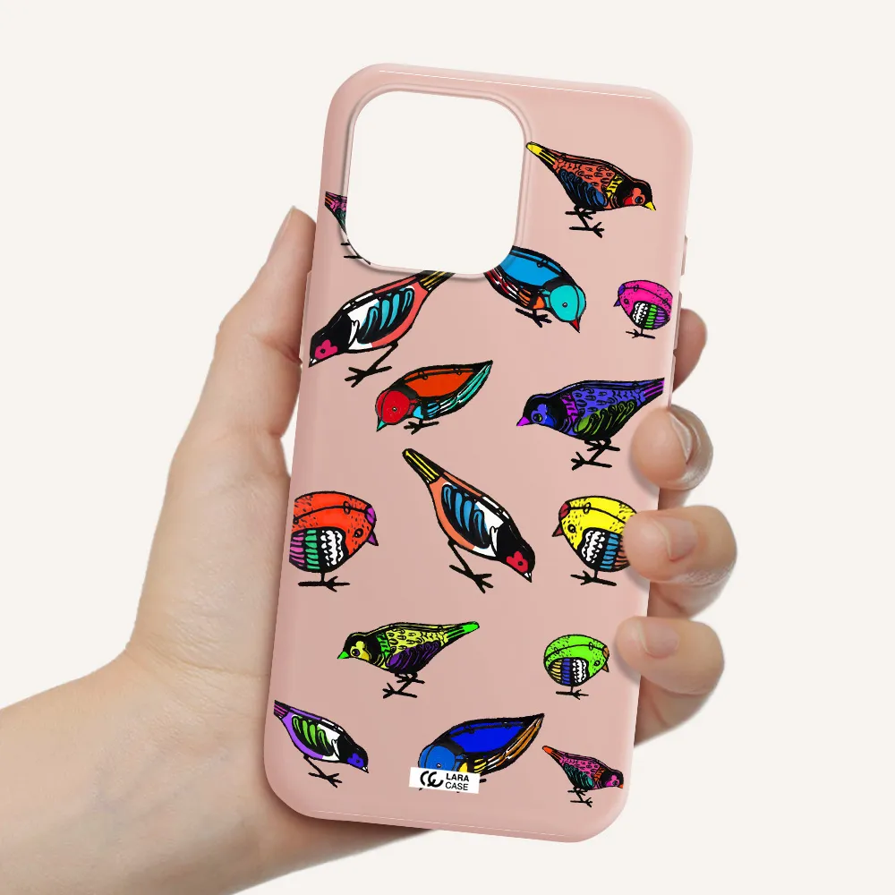 Colorful Birds Drawing Apple Iphone 16 Pro Max Silicone Pastel Pink Case