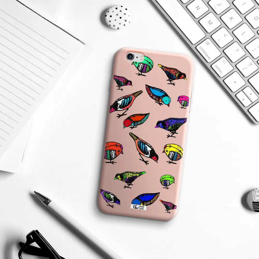 Colorful Birds Drawing Apple iPhone 6S Silicone pastel pink Case