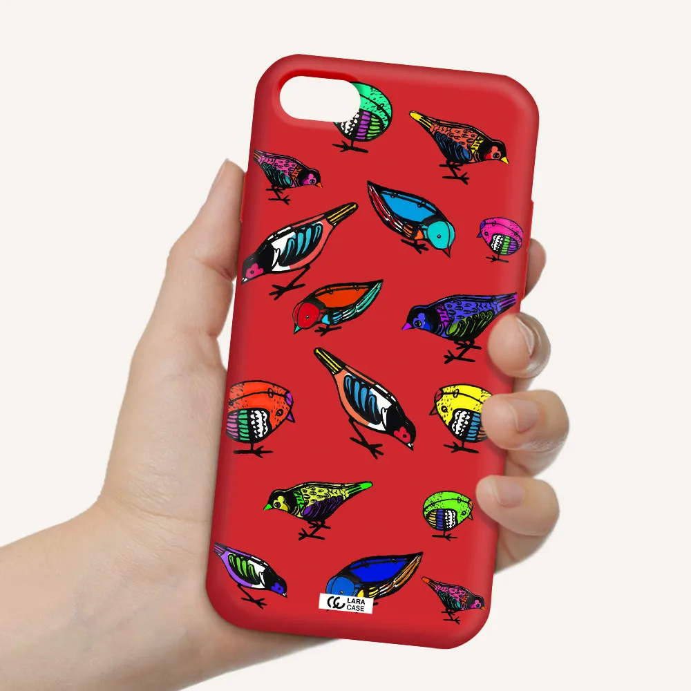 Colorful Birds Drawing Apple iPhone 7 Silicone Imperial Red Case