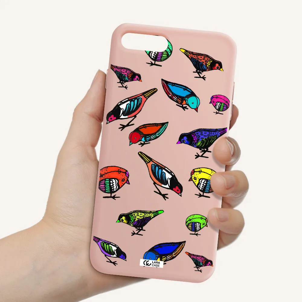 Colorful Birds Drawing Apple iPhone 8 plus Silicone pastel pink Case