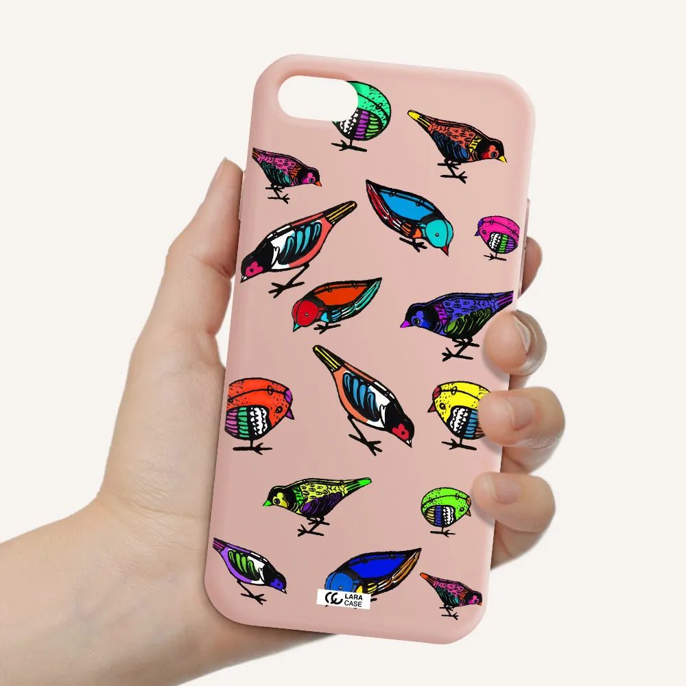 Colorful Birds Drawing Apple iPhone 8 Silicone pastel pink Case