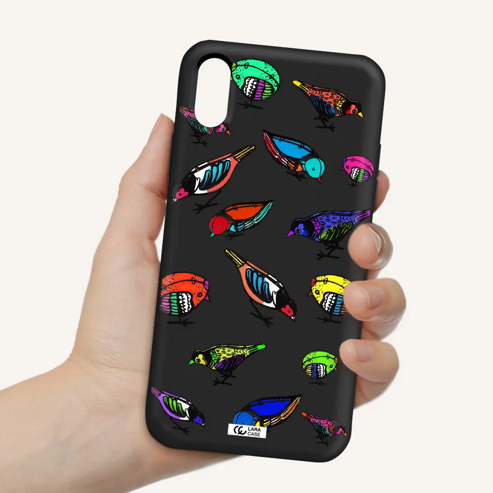 Colorful Birds Drawing Apple iPhone X Silicone black Case