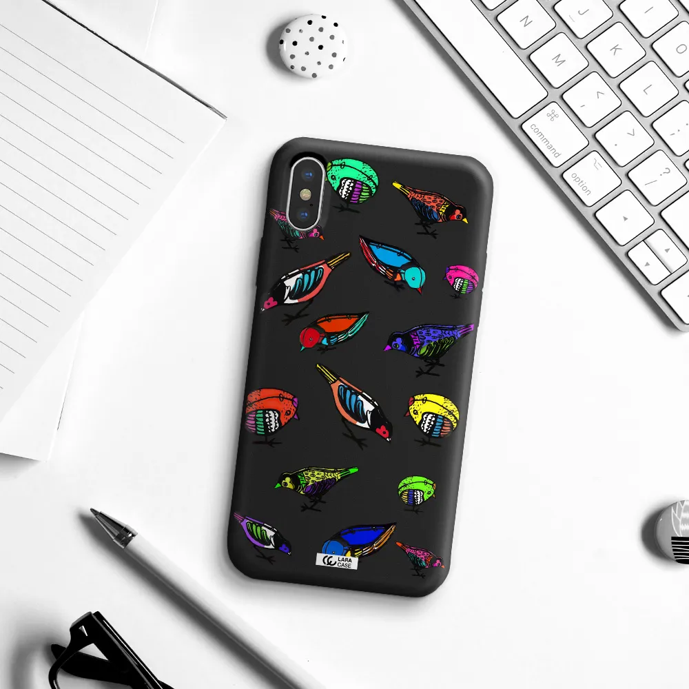 Colorful Birds Drawing Apple iPhone X Silicone black Case