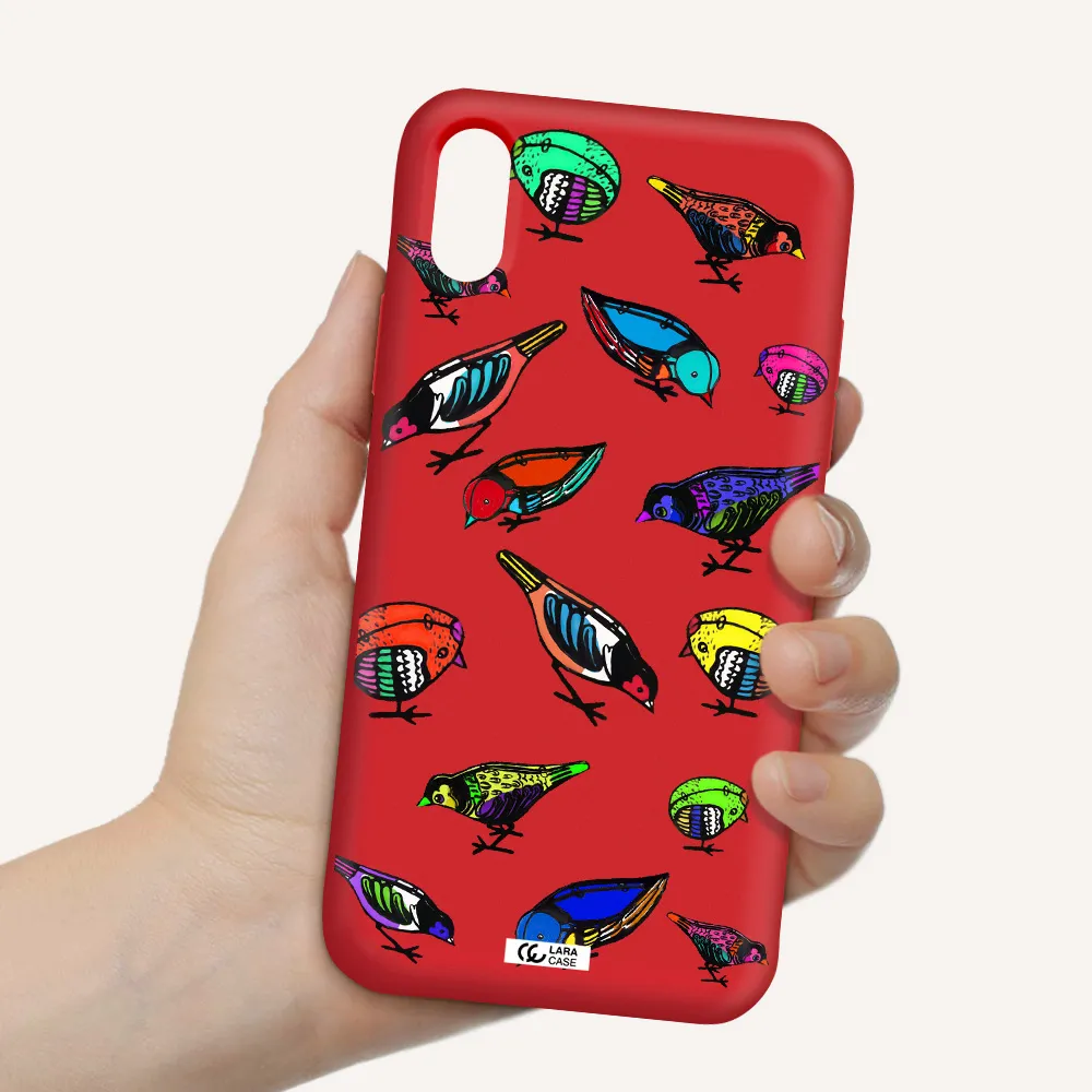 Colorful Birds Drawing Apple iPhone X Silicone Imperial Red Case