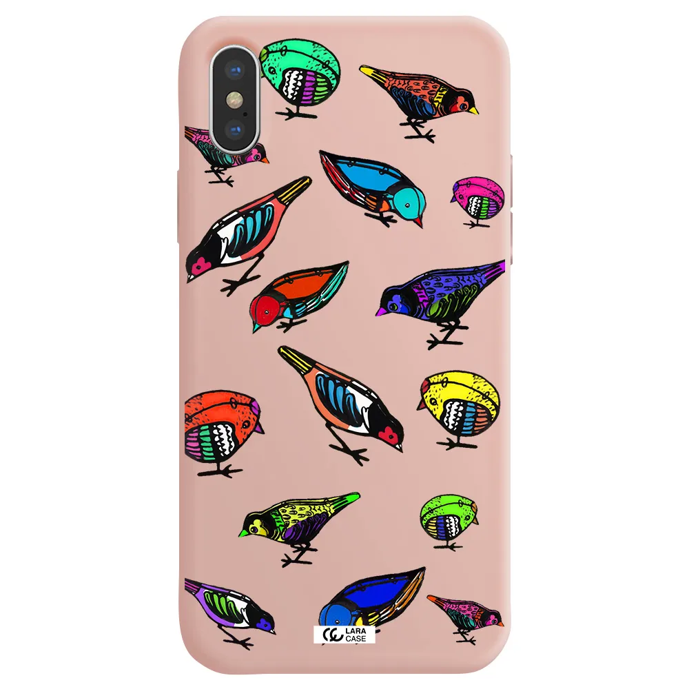 Colorful Birds Drawing Apple iPhone XS Silicone pastel pink Case