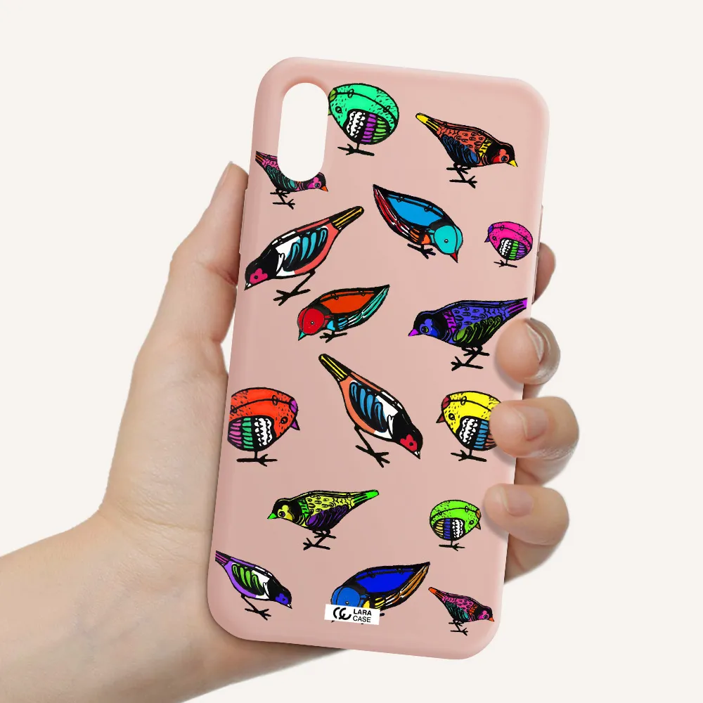 Colorful Birds Drawing Apple iPhone XS Silicone pastel pink Case