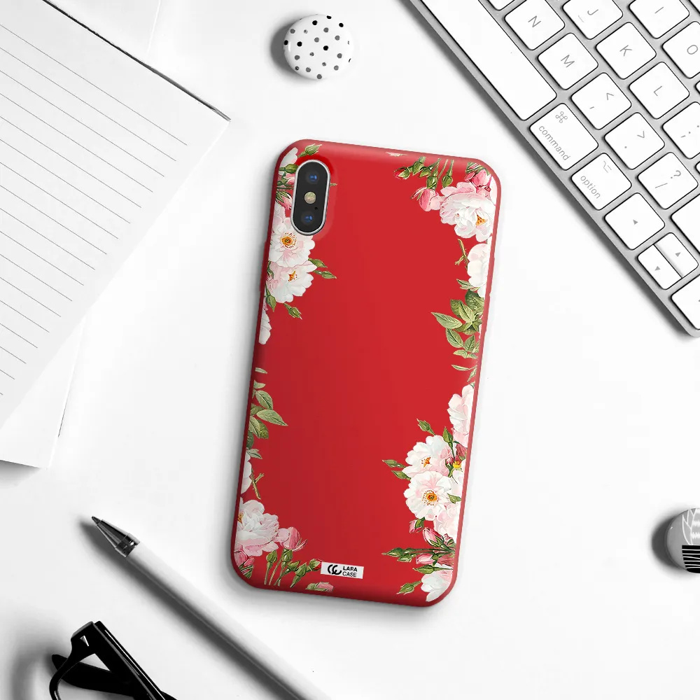 Watercolor Floral Frame Apple iPhone XS Silicone Imperial Red Case