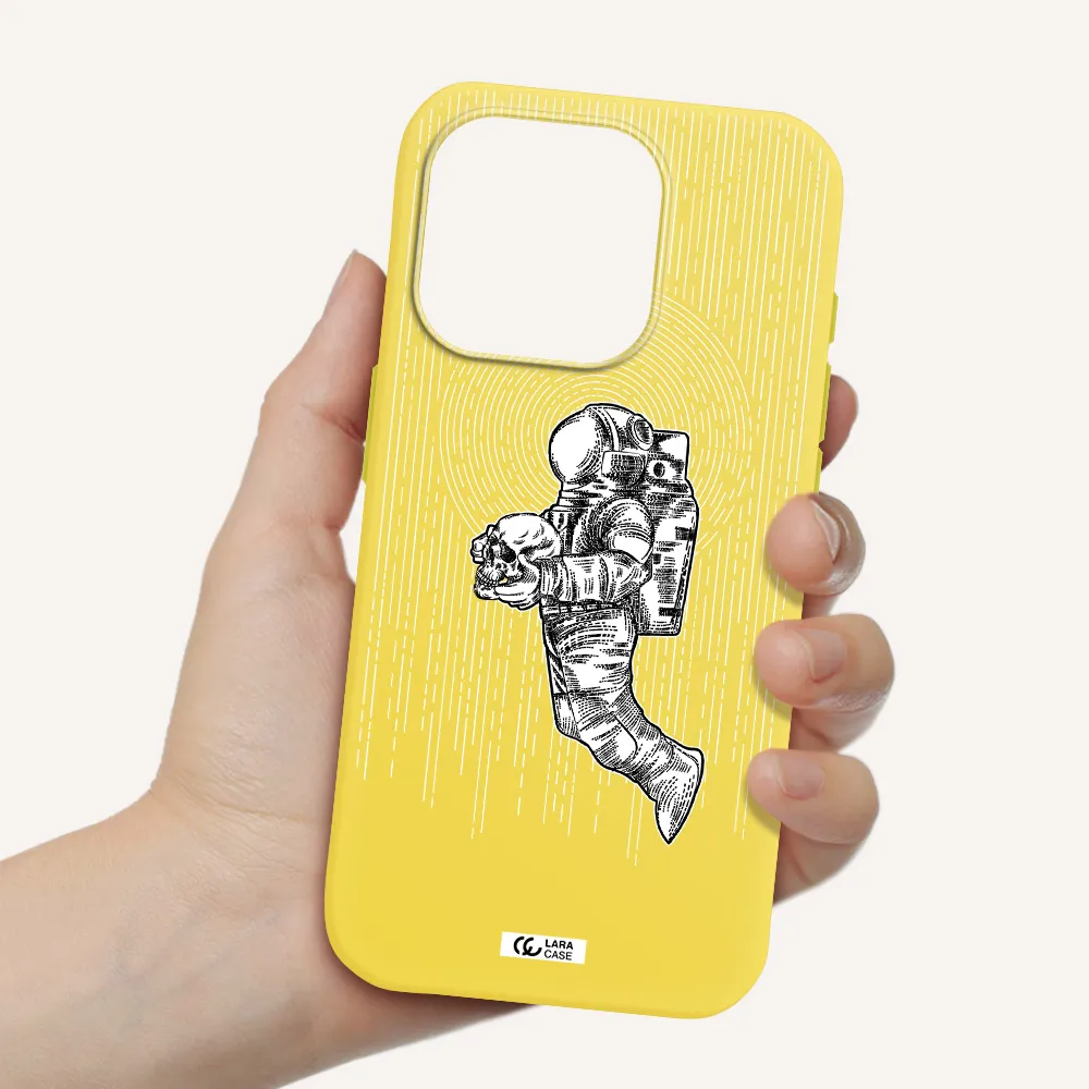 Astronaut Holding A Skull Apple Iphone 15 Pro Silicone Canary Yellow Case