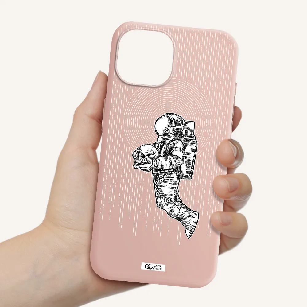 Astronaut Holding A Skull Apple Iphone 15 Silicone Pastel Pink Case