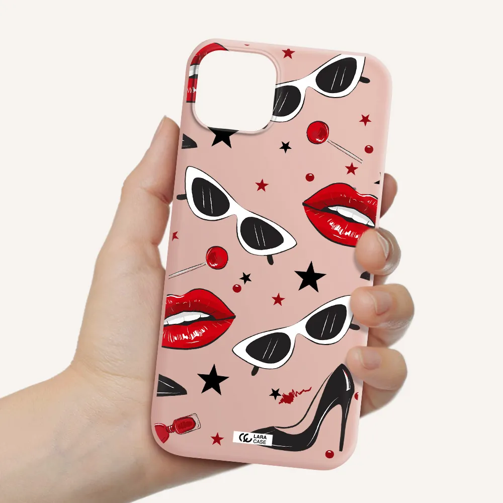 Red Lips Apple iPhone 14 plus Silicone pastel pink Case