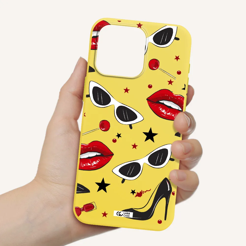 Red Lips Apple Iphone 15 Pro max Silicone canary yellow Case