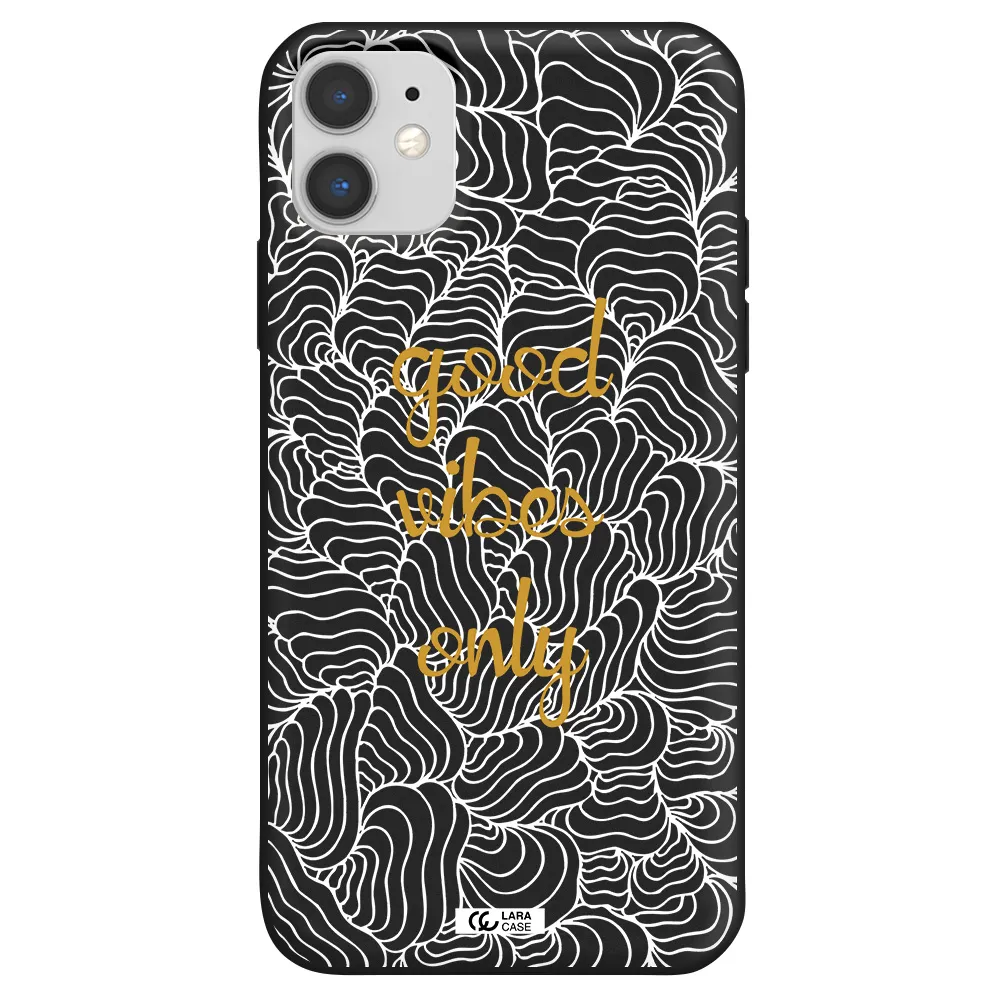 a white background with gold text Apple iPhone 11 Silicone black Case
