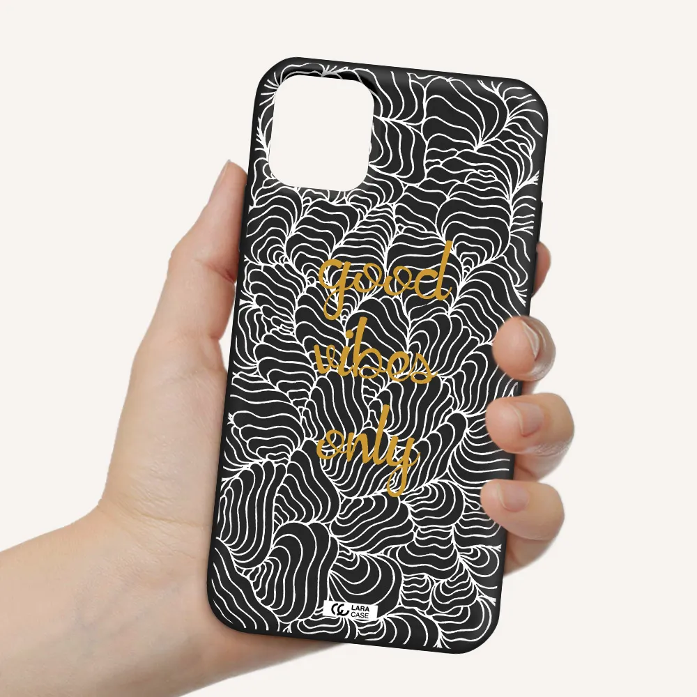 a white background with gold text Apple iPhone 11 Silicone black Case