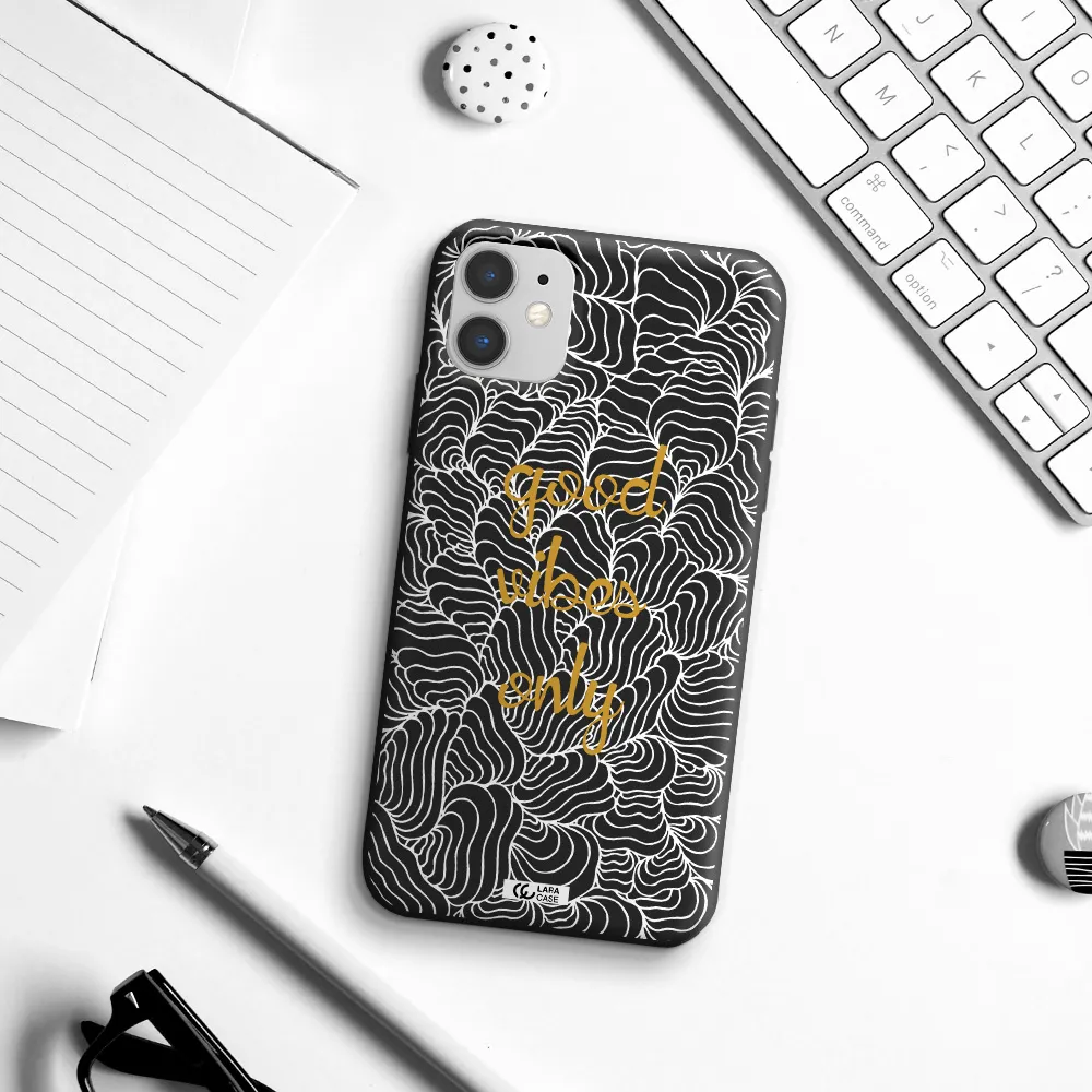 a white background with gold text Apple iPhone 11 Silicone black Case