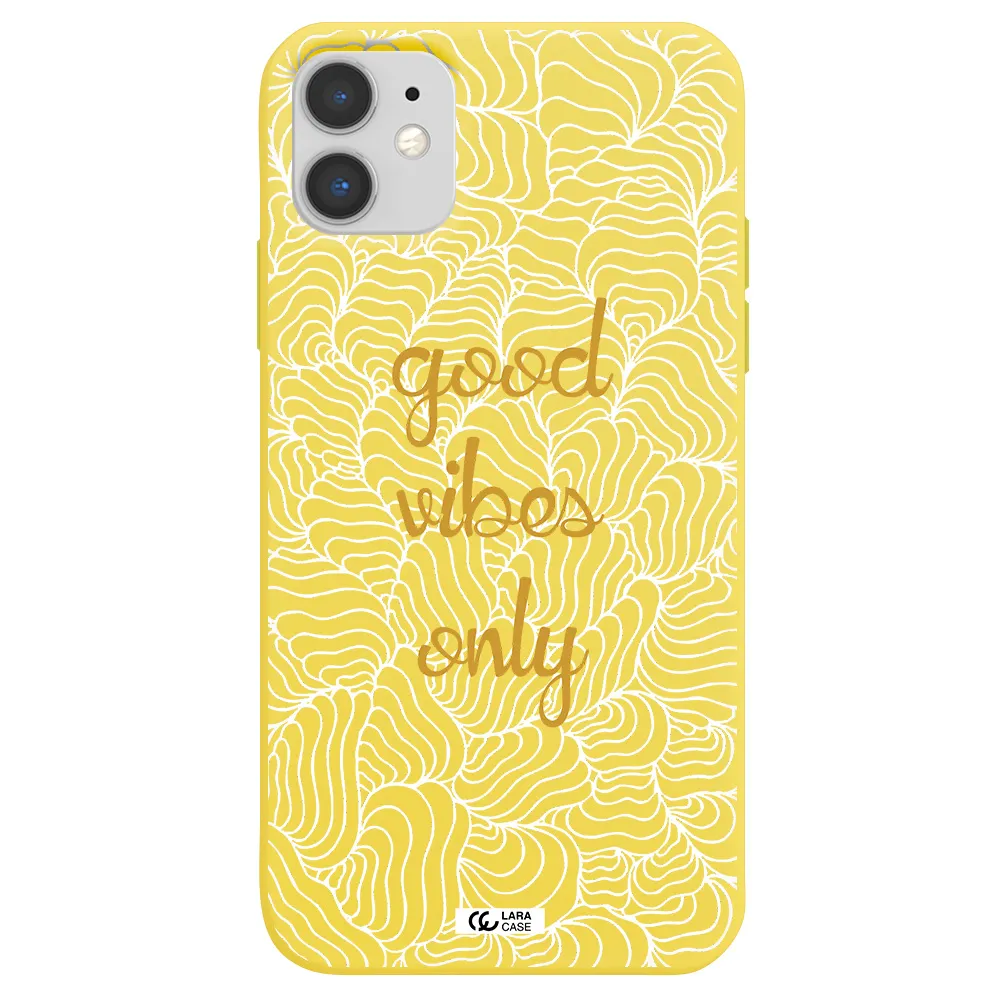 a white background with gold text Apple iPhone 11 Silicone canary yellow Case