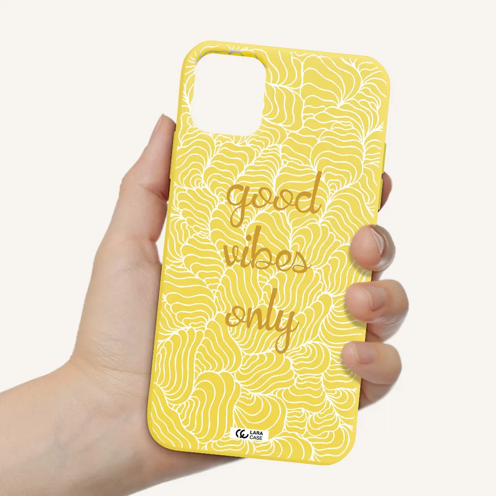 a white background with gold text Apple iPhone 11 Silicone canary yellow Case