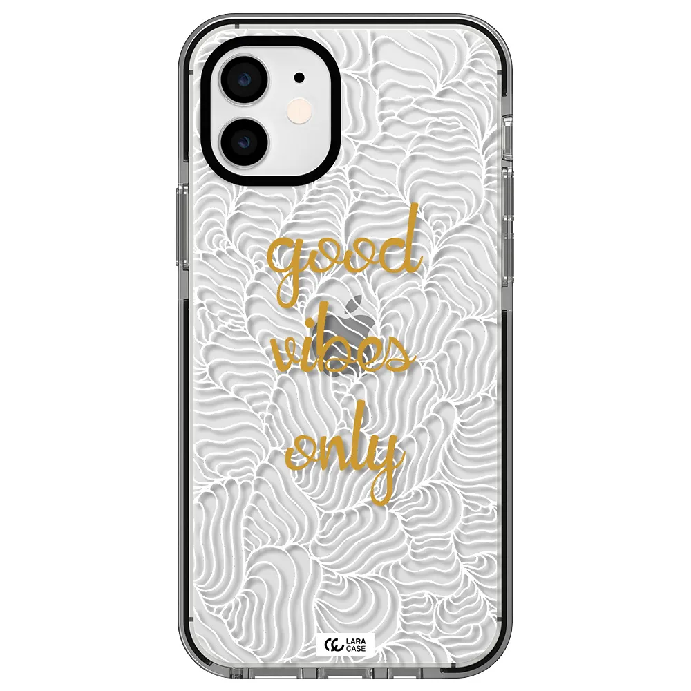 a white background with gold text Apple iPhone 12 impact black border Case
