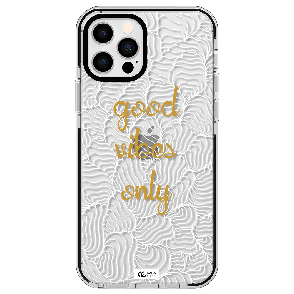 a white background with gold text Apple iPhone 12 pro impact black border Case