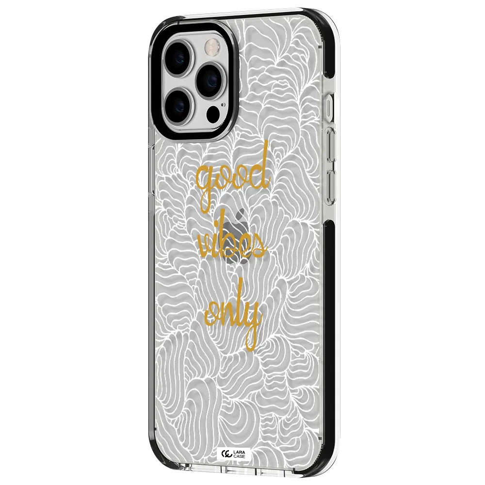 a white background with gold text Apple iPhone 12 pro max impact black border Case