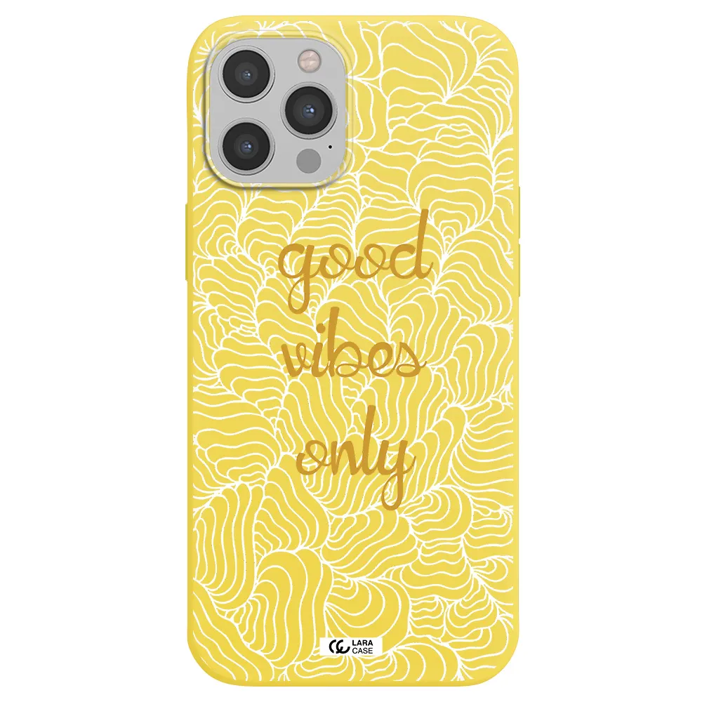 a white background with gold text Apple iPhone 12 pro max Silicone canary yellow Case