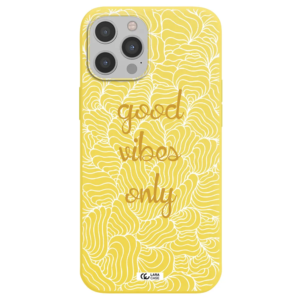 a white background with gold text Apple iPhone 12 pro Silicone canary yellow Case