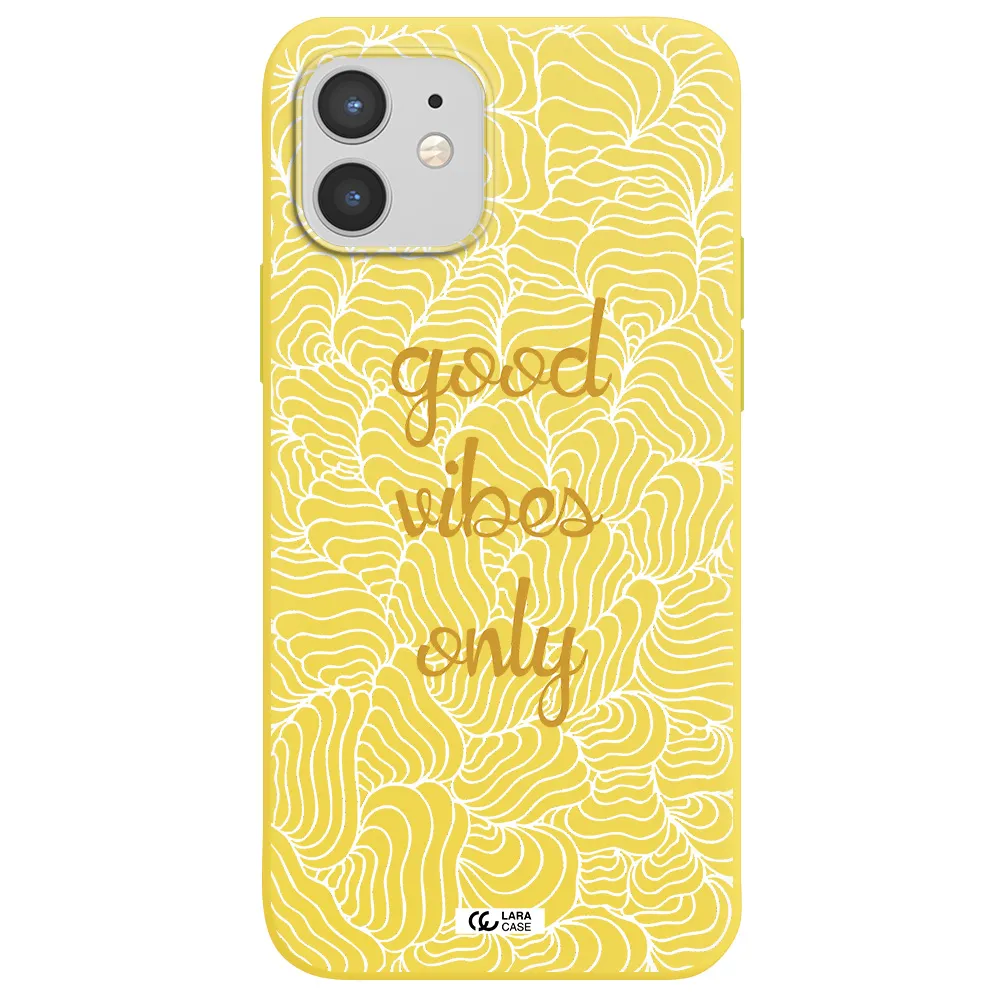 a white background with gold text Apple iPhone 12 Silicone canary yellow Case
