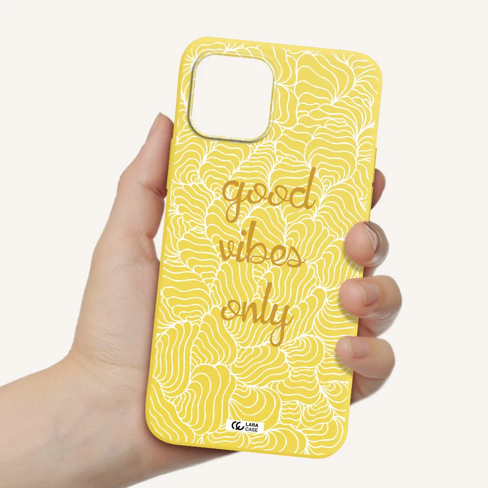 a white background with gold text Apple iPhone 12 Silicone canary yellow Case