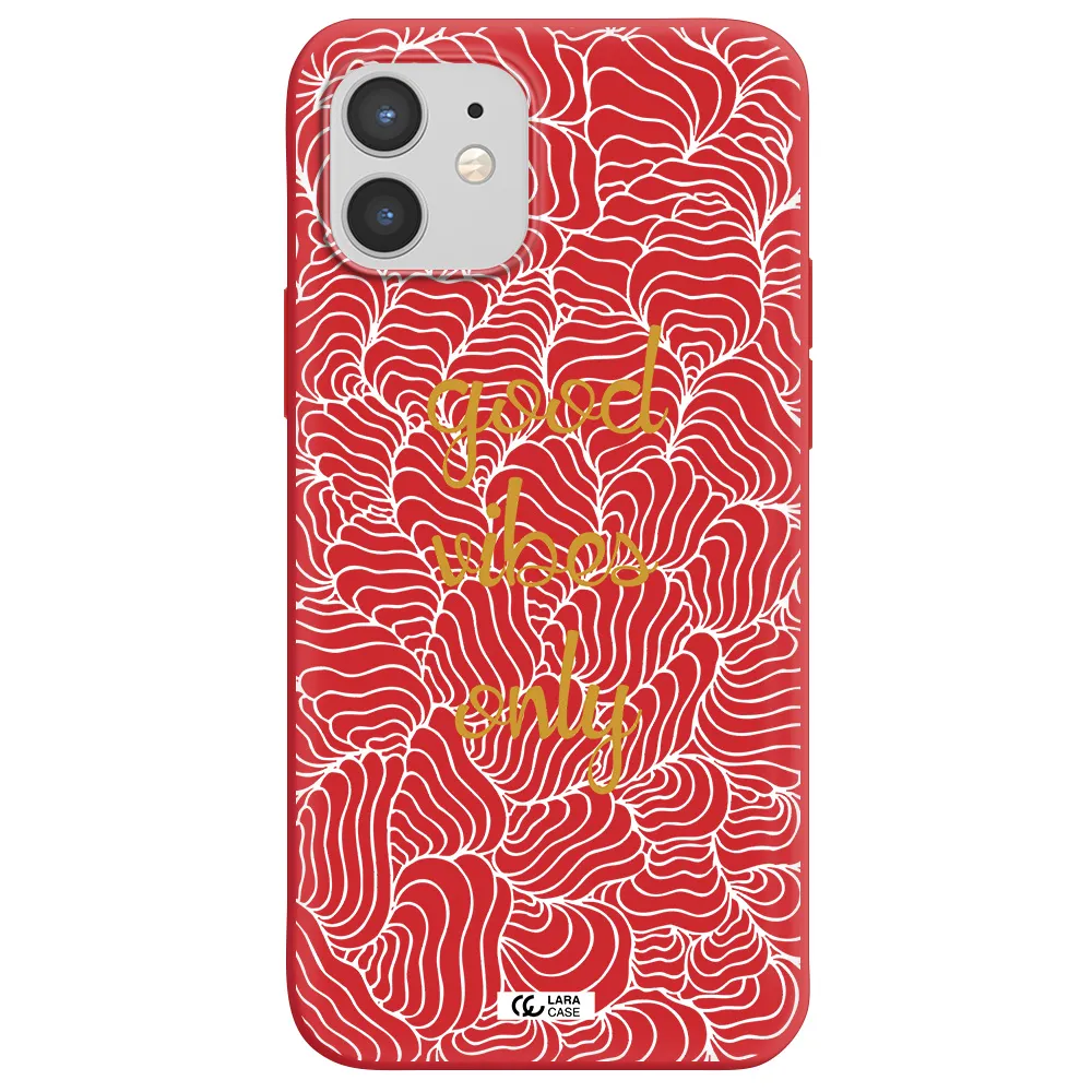 a white background with gold text Apple iPhone 12 Silicone Imperial Red Case