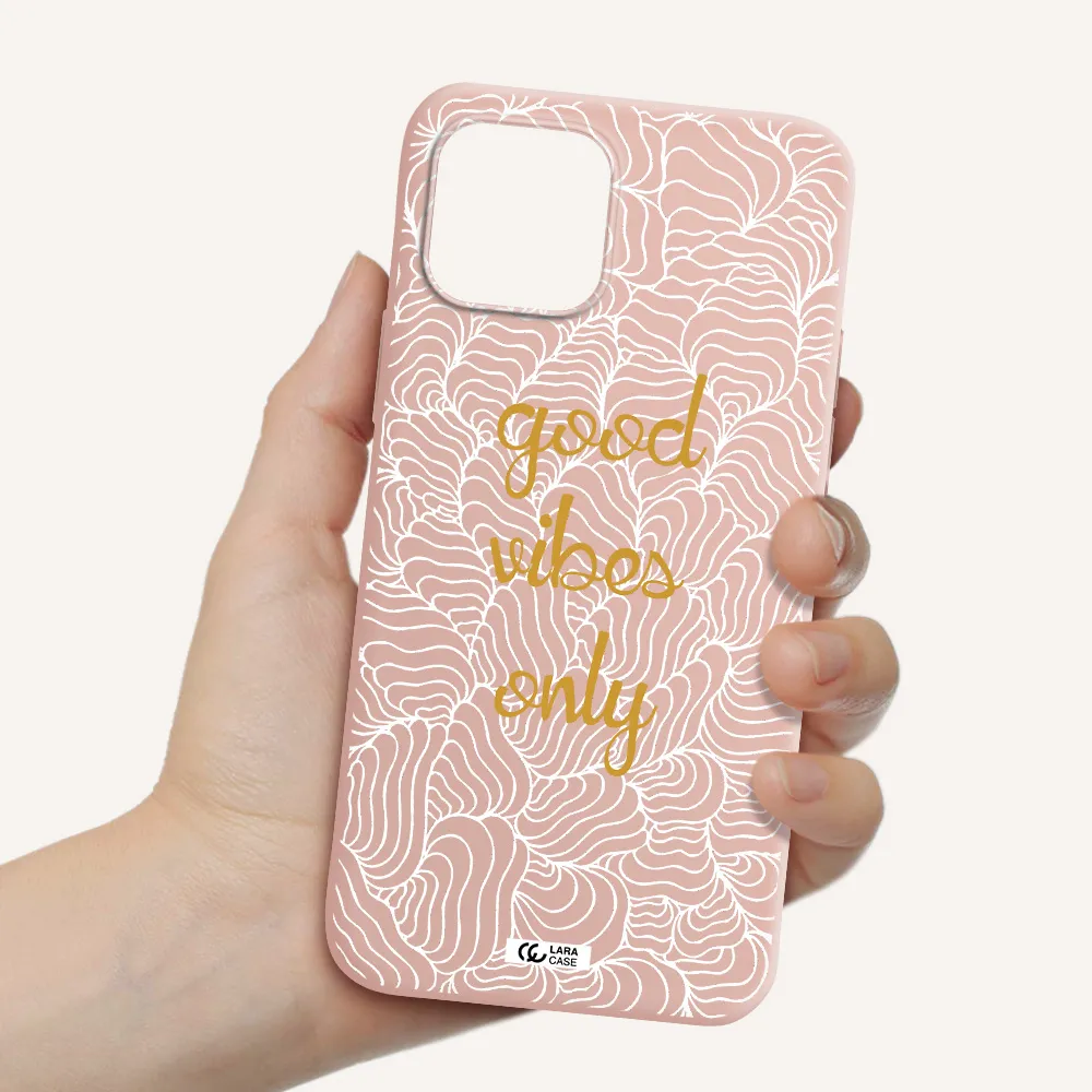 a white background with gold text Apple iPhone 12 Silicone pastel pink Case