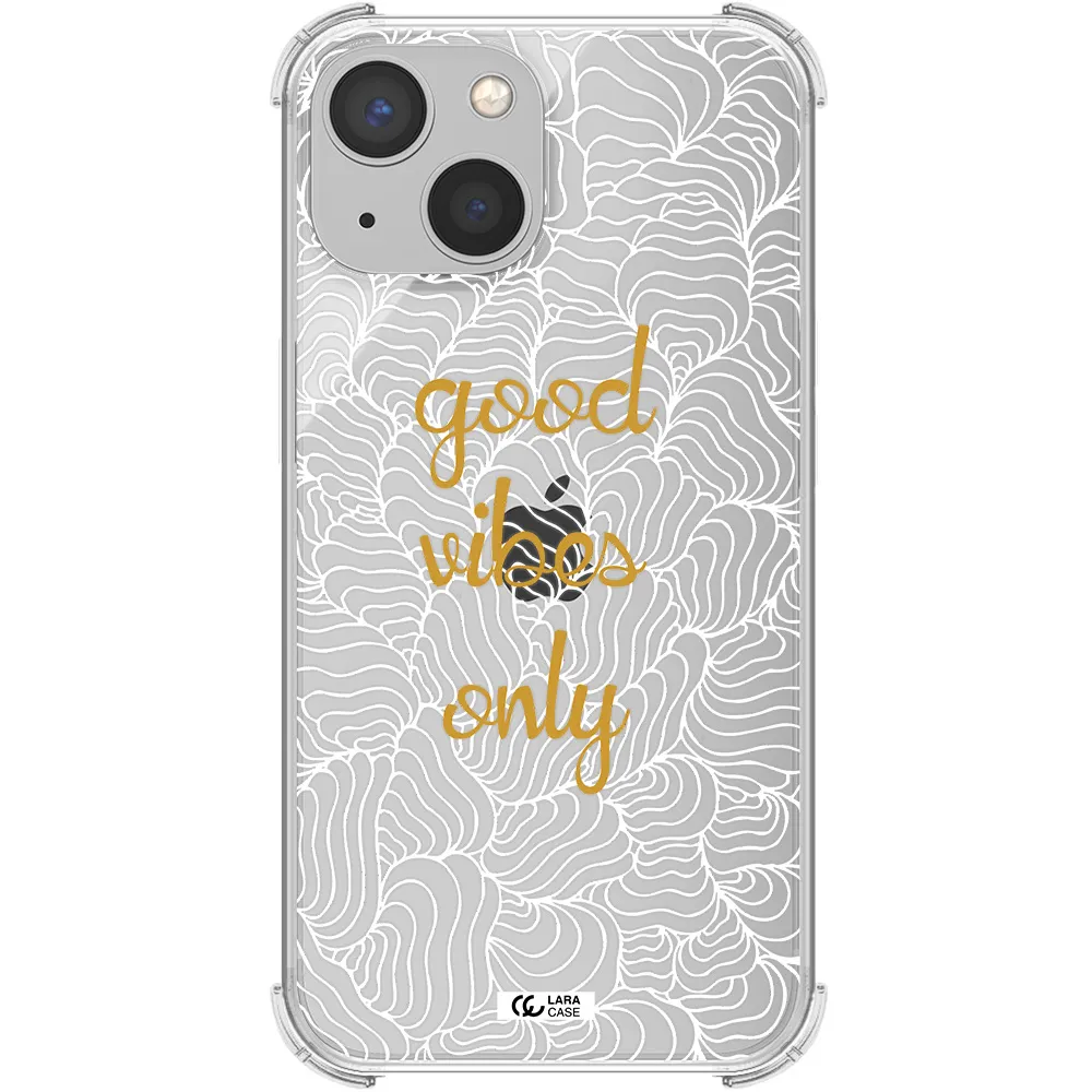 a white background with gold text Apple iPhone 13 Clear PC Case