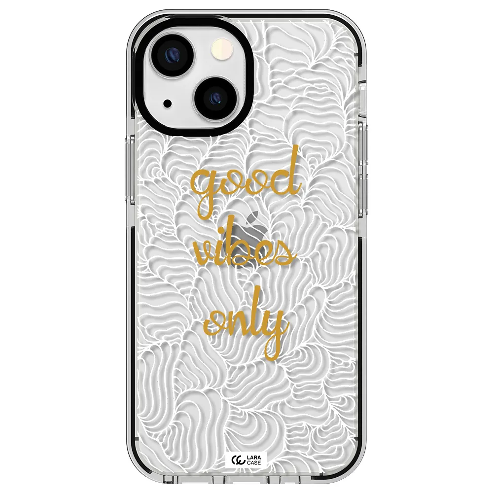 a white background with gold text Apple iPhone 13 mini impact black border Case