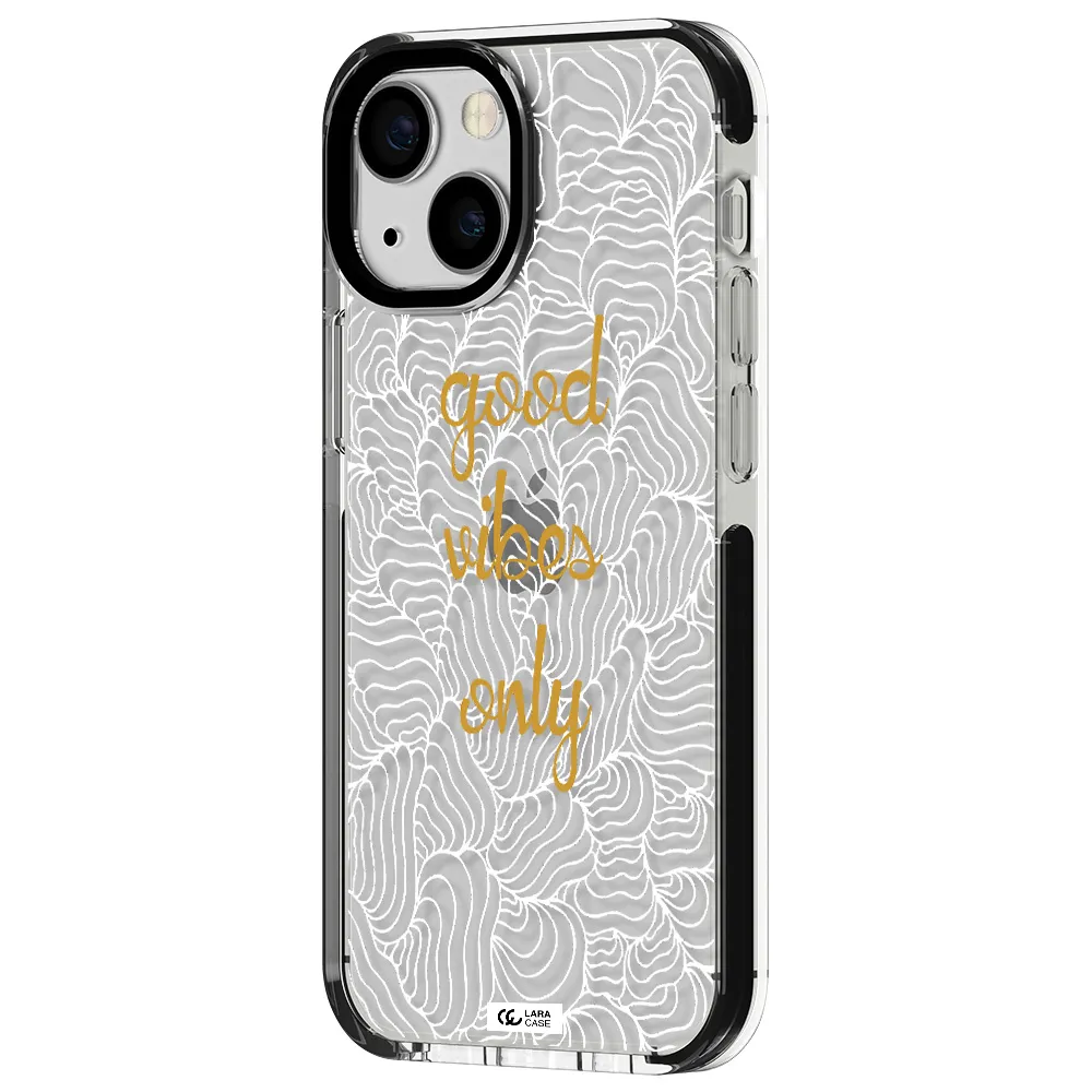 a white background with gold text Apple iPhone 13 mini impact black border Case