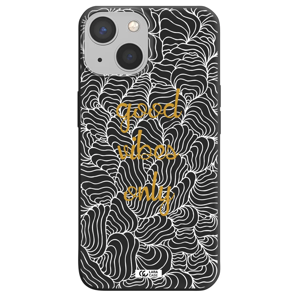 a white background with gold text Apple iPhone 13 mini Silicone black Case